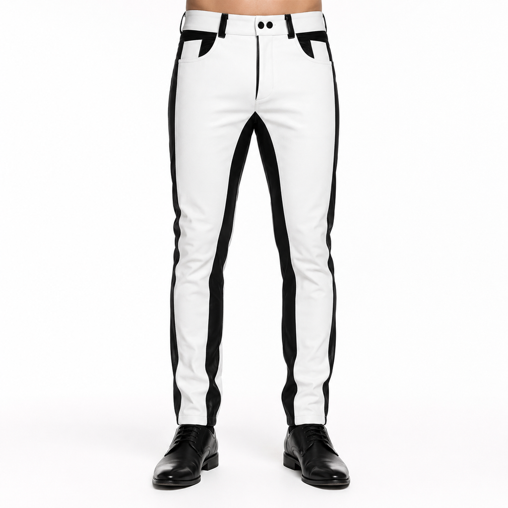 Men’s Black & White Leather Biker Pants - DOMINUS Leather