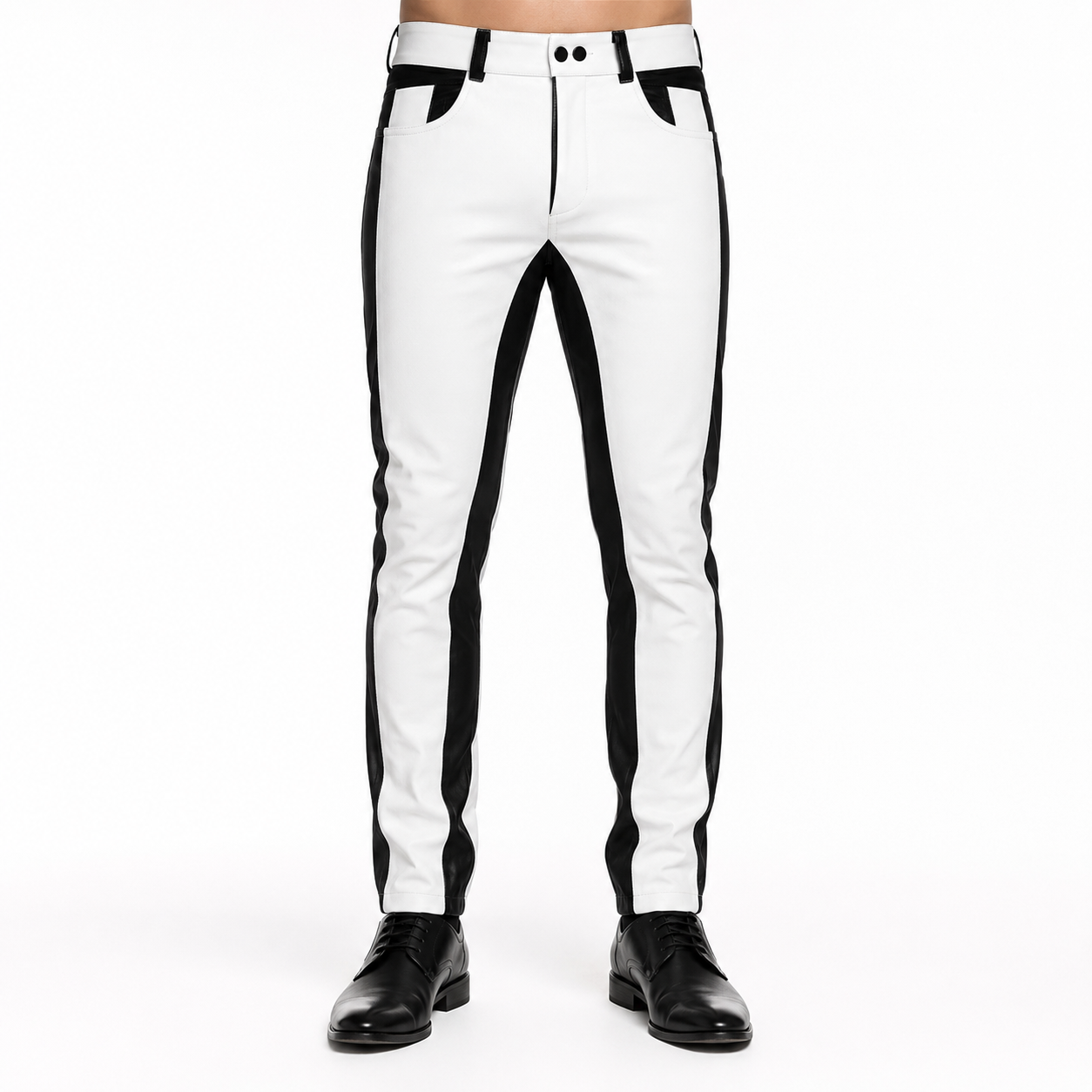 Men’s Black & White Leather Biker Pants - DOMINUS Leather