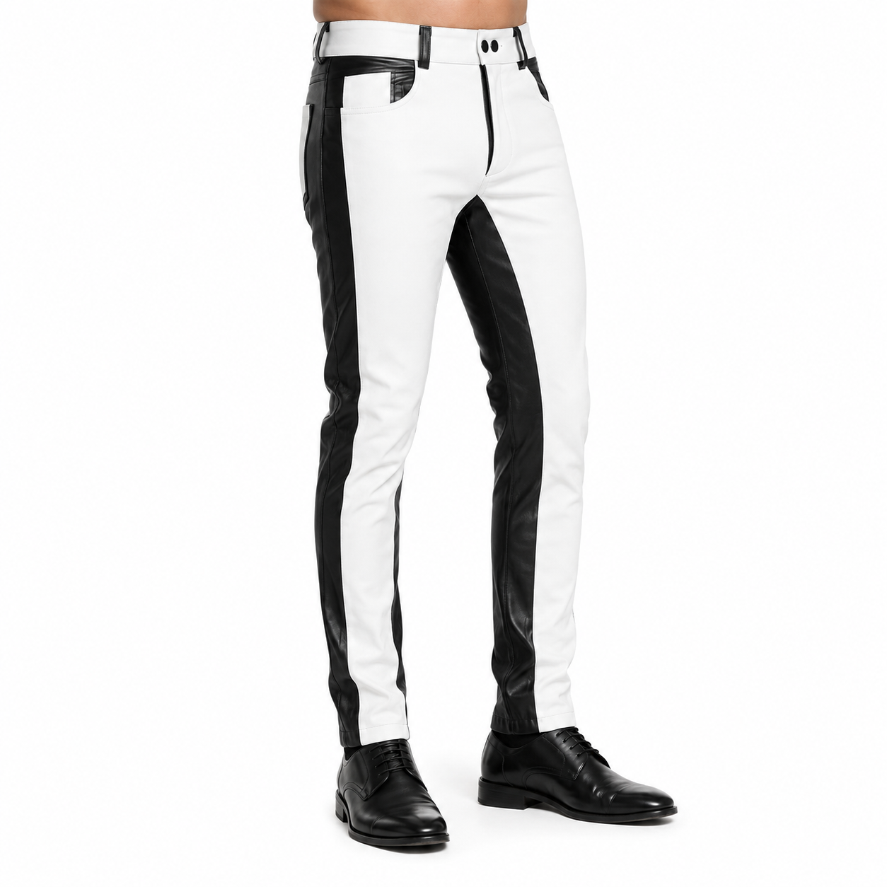 Men’s Black & White Leather Biker Pants - DOMINUS Leather