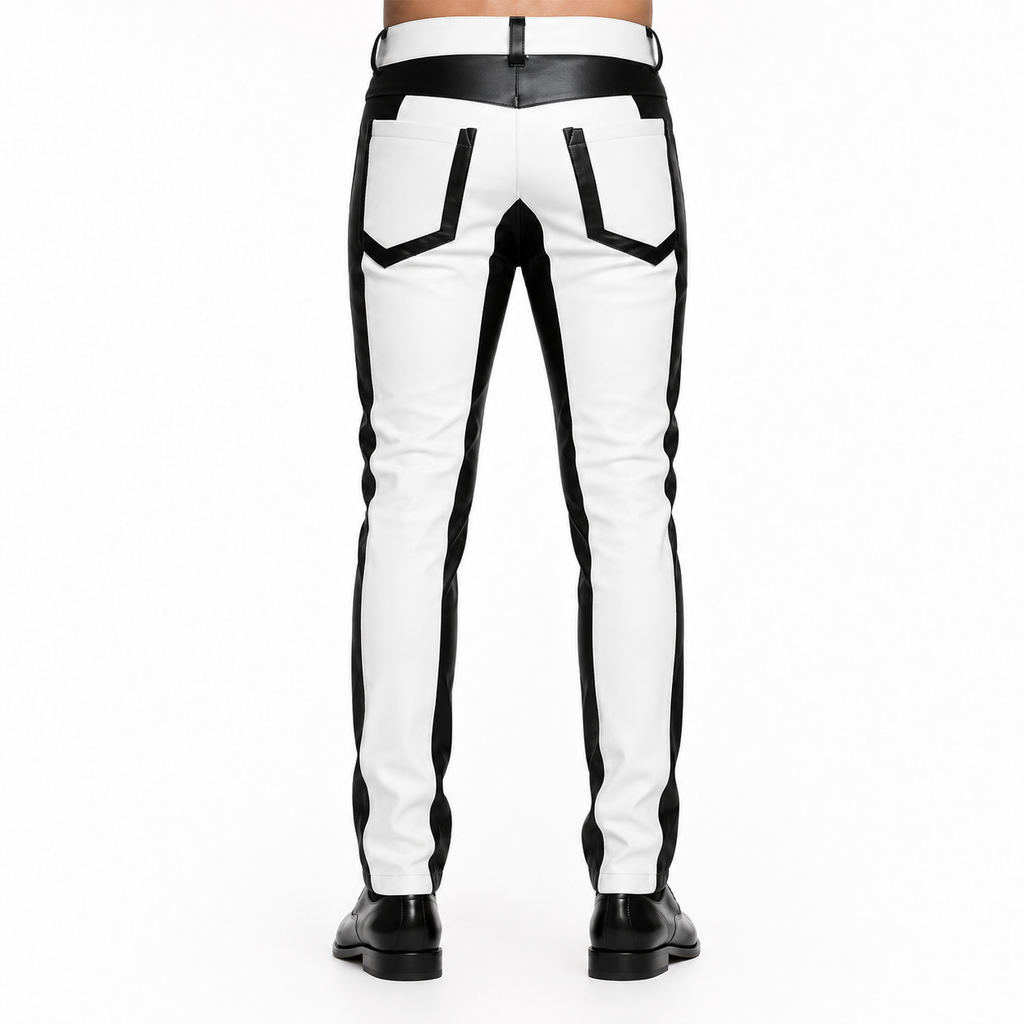 Men’s Black & White Leather Biker Pants - DOMINUS Leather