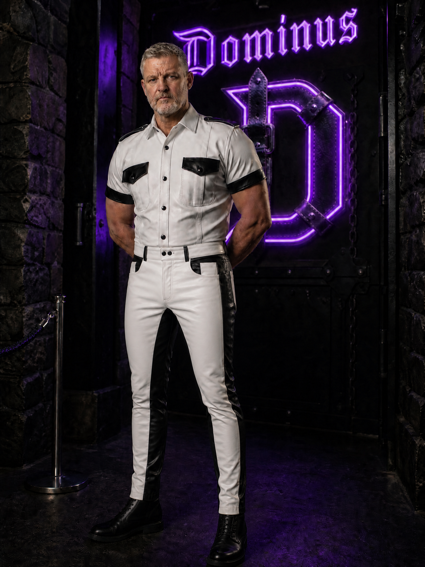 Men’s Black & White Leather Biker Pants - DOMINUS Leather