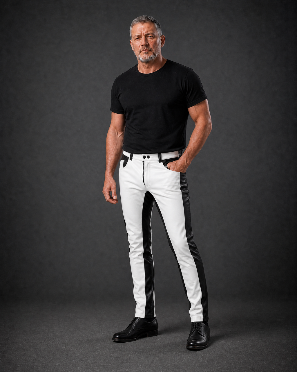 Men’s Black & White Leather Biker Pants - DOMINUS Leather