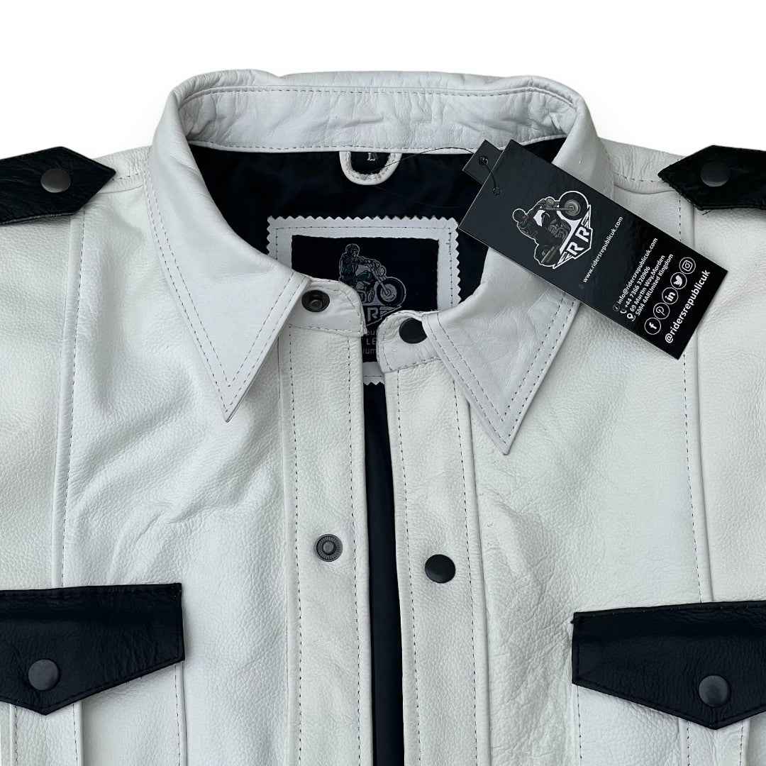 Men’s Police Style White Leather Shirt